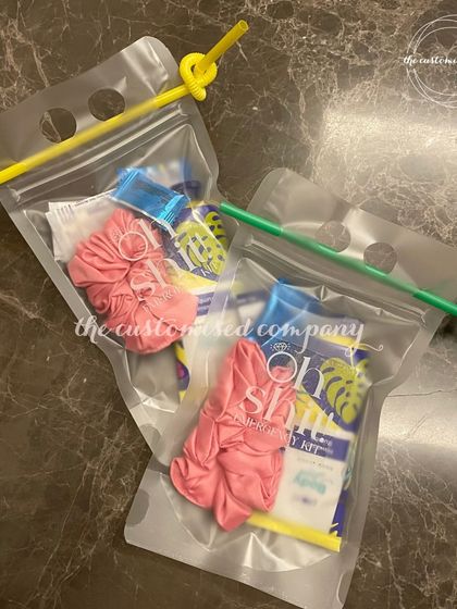 Squad survival essentials for a destination wedding or bachelorette trip. These handy drink pouches are filled with hangover kit necessities to keep the party going.