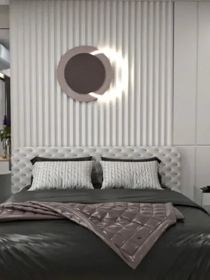 A 3D render of a chic bedroom with a tufted headboard and a glass wardrobe, creating a glamorous feel.