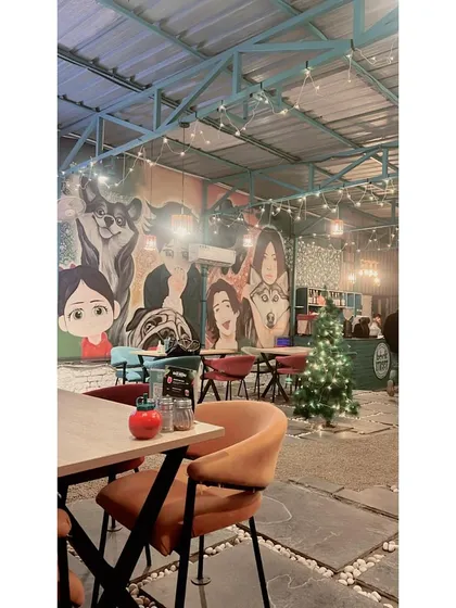 A look at our quirky and fun indoor seating area, complete with a Christmas tree and our famous dog-themed wall art. The fairy lights add a touch of magic.