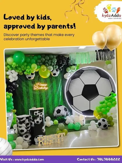 From soccer fields to superhero lairs, I create party themes that are loved by kids and approved by parents. This football-themed setup was a huge hit, complete with a giant soccer ball and goal-worthy decorations.