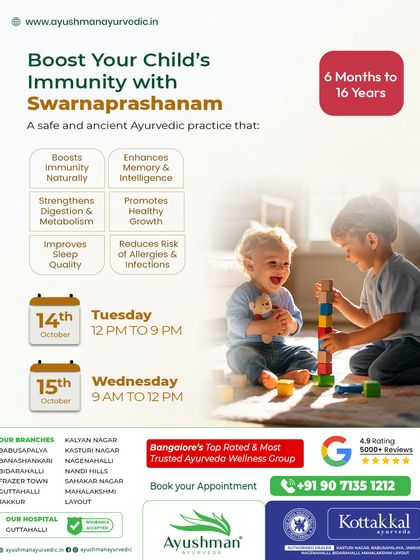 We make wellness accessible with regular Swarnaprashanam days at our clinics. This image shows our schedule for an upcoming event, where we provide immunity drops for toddlers and young children.