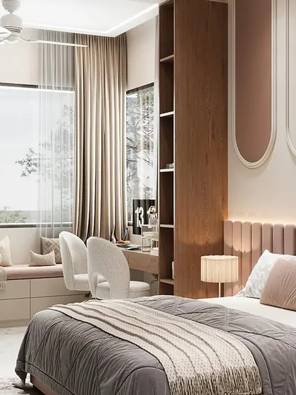 A 3D render of a kids' bedroom designed for two. The room features a cozy window seat with storage drawers, a large study table for two, and a feature wall with playful reverse arches in contrasting colors.