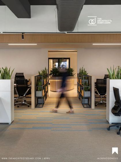 Workstations at the Adani Realty office are separated by low partitions that incorporate planters. This design strategy provides a degree of privacy while maintaining an open feel and integrating nature directly into the workspace.