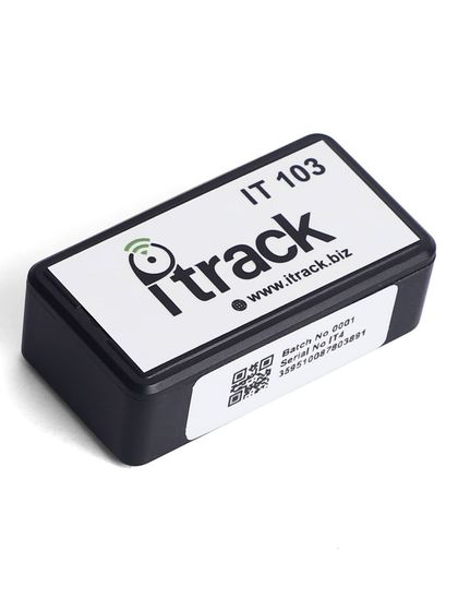 An angled shot of a rectangular GPS tracking device, highlighting the branding and QR code. We ensure even small details are crisp and clear.