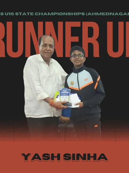 Yash Sinha receiving his runner-up trophy in the Boys Singles U15 category at the state championships in Ahmednagar.