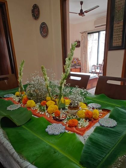 A table set with banana leaves, ready for a festive Diwali supper club. You can host a celebration at your place or mine, and I’ll bring the authentic home-cooked food and festive spirit.