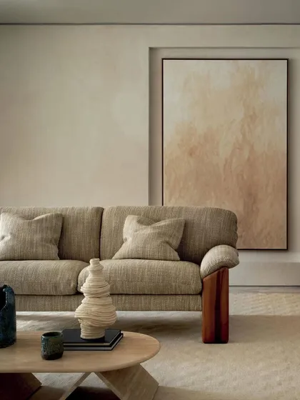 A full view of the sofa from the 'Prestige II' collection, crafted with a beautiful, textured weave. Designed for both beauty and durability, this fabric offers high abrasion resistance and excellent lightfastness for timeless sophistication.