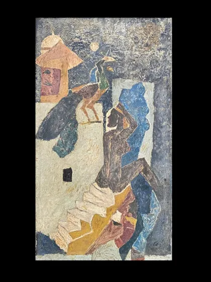 This is a unique oil on canvas from M. F. Husain's celebrated Rajasthan Series, created in the 1960s. The master artist uses thick impasto to build texture, depicting two peacocks in a rustic village scene, capturing the raw, folk energy he was known for. It is a powerful example of Modern Indian Art from one of its most important figures.