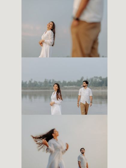 A creative pre-wedding collage focusing on the bride's joyful expressions. These shots capture her carefree spirit and the beauty of their natural surroundings.