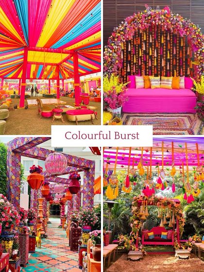 **Mehendi Theme: Colourful Burst.** For the bride who loves color, this theme is all about a vibrant explosion of fuschia, yellow, orange, and blue, creating a high-energy and joyful setting.