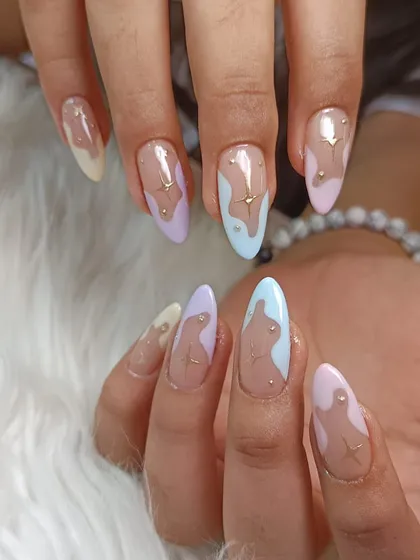 A soft and dreamy pastel set with abstract shapes and tiny gold star details.