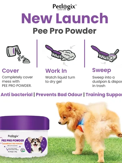 Accidents happen, and my Pee Pro Powder is the perfect solution. This graphic shows how simple it is: just cover the mess, let the powder turn the liquid into a dry gel, and sweep it up. It's antibacterial and neutralizes bad odours, making cleanup quick and hygienic.