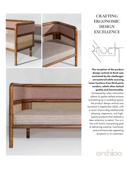 This sofa showcases my focus on ergonomic design and quality. The frame uses teakwood and cane for a light, airy feel, while the plush pink upholstery adds a touch of modern color. It’s a piece born from the need for functional, beautiful furniture.
