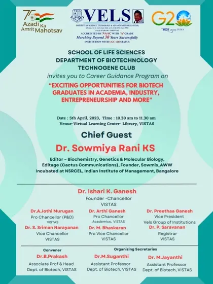 The official invitation for a Career Guidance Program at VELS University, where I was invited as Chief Guest to speak on the exciting opportunities for biotech graduates.