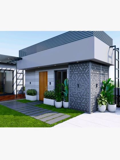 A 3D render showing a rooftop room with a decorative laser-cut privacy screen.