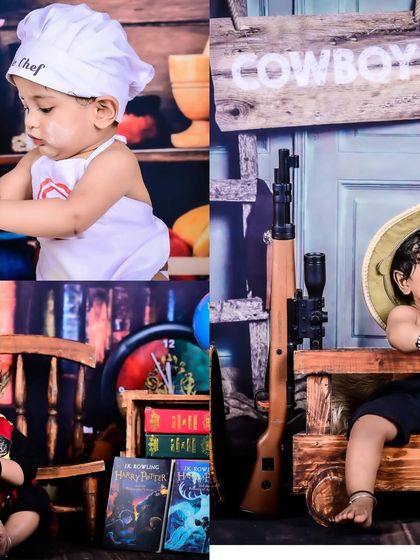 A collage featuring a little chef, a cowboy, and a Harry Potter wizard, all with the same adorable baby.
