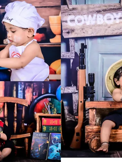 A collage featuring a little chef, a cowboy, and a Harry Potter wizard, all with the same adorable baby.