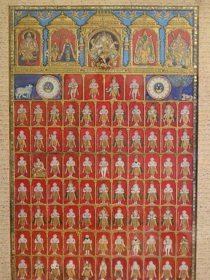 This intricate Tanjore painting, 'Shiv Leela,' captures the divine presence of Lord Shiva in his multiple forms. The upper panel features Ganesha, Muruga, Shiva, and Parvati, while the lower half showcases various avatars of Shiva.