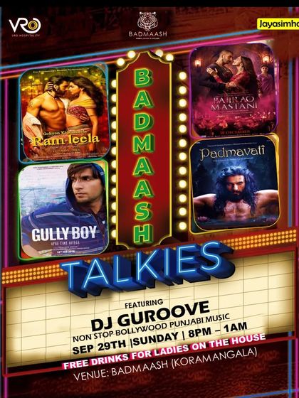 This 'Badmaash Talkies' flyer showcases a different set of movie themes, keeping the weekly event exciting and new.