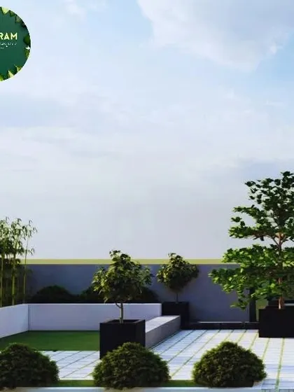 This rendering shows a potential layout for a terrace, combining a paved area with a small lawn and strategically placed trees and topiary.
