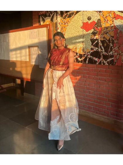 Here is the full view of the Indo-Western outfit I styled for the 'Kreative '24' fashion event. The flowy organza skirt and dhoti pants combination allowed for beautiful movement, making it a standout piece on the runway.