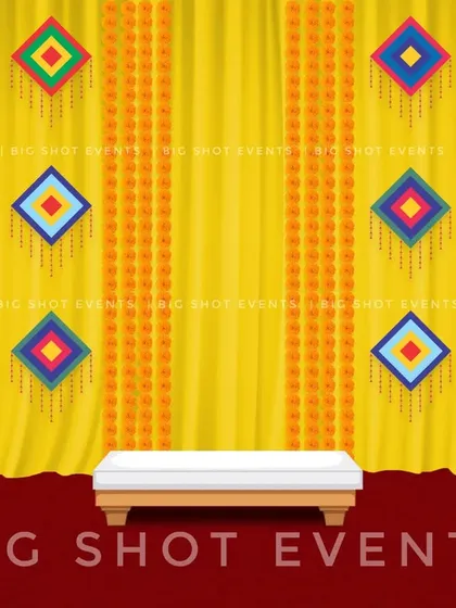 A simplified version of our colorful Haldi backdrop concept. This digital preview shows a clean setup with yellow drapes, marigold strings, and decorative hangings, suitable for a smaller space.