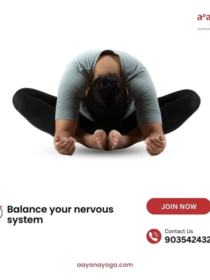 Yin Yoga helps to balance your nervous system. This image shows a student in a forward fold, a pose that calms the mind and soothes the nerves.
