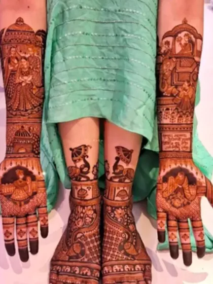 I offer complete bridal mehandi packages that include matching designs for both hands and feet. This ensures a cohesive and stunning look from head to toe for your wedding day.