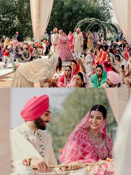 A collage of the Anand Karaj ceremony, capturing the blessings and the couple seated before the Guru Granth Sahib.