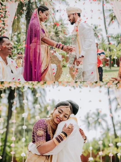 More heartfelt moments from the 'Mantra Maangalya' wedding. This collage captures the emotional exchange between the bride and groom, set against the simple yet elegant floral decor we provided.