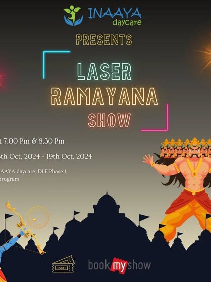 The official poster for our Laser Ramayana Show, an epic event blending ancient storytelling with modern technology for an unforgettable family experience.