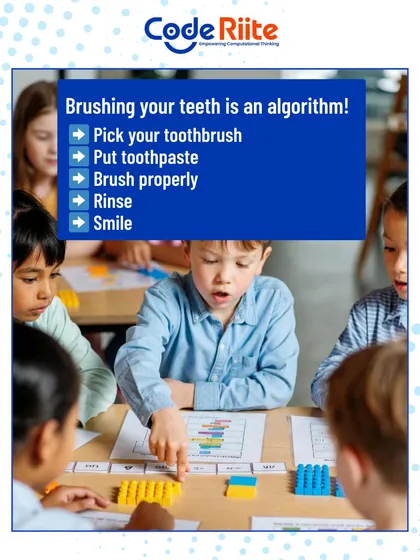 I use simple, everyday examples to explain complex ideas. This image shows how even a daily routine like brushing your teeth is an algorithm, a set of step-by-step instructions. It’s a perfect example of how I make computational thinking relatable and easy for kids to grasp.