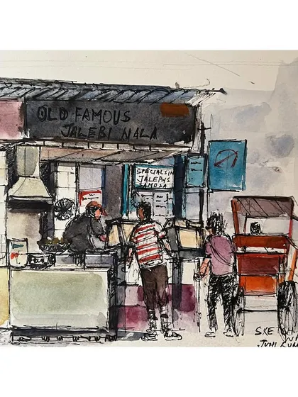 My finished ink and watercolor sketch of the Old Famous Jalebi Wala in Chandni Chowk. The goal isn't always perfection, but capturing the gesture and fun of a place.