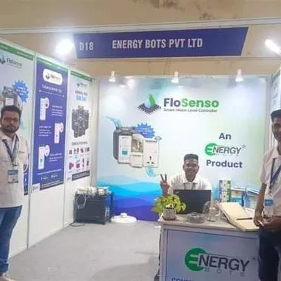 Our booth, D18, ready for action at the Energy Bots Pvt Ltd stall. Our team is set up to welcome visitors and demonstrate the capabilities of the FloSenso smart water controller.
