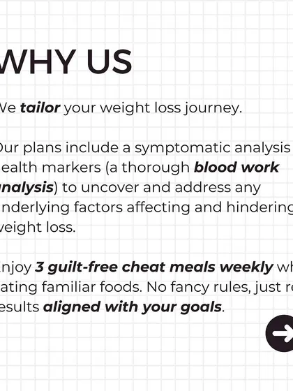Why us? We tailor your journey with blood work analysis and allow 3 guilt-free cheat meals weekly with familiar foods.