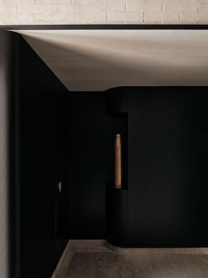 A detail of the curved, black-smoked veneer walls in the foyer. The design plays with form and shadow, creating a dynamic and intriguing entrance experience.