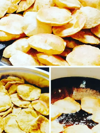 Frying a large batch of puris for a party catering order. We ensure everything is cooked fresh on the day of the event so that your guests can enjoy hot and fluffy puris with their meal.
