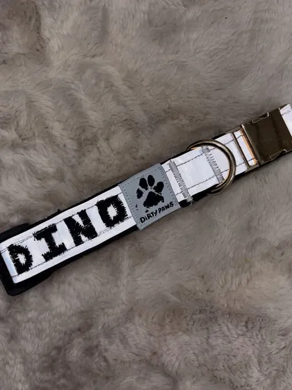 A flat-lay of the custom 'Dino' collar on a soft, furry background. This view highlights the quality of the embroidery and the sturdy collar hardware.