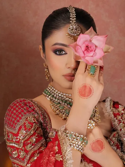 A creative shot with a lotus flower, adding a touch of softness and artistry to this bold bridal look. The red alta on her hands ties the entire traditional aesthetic together.