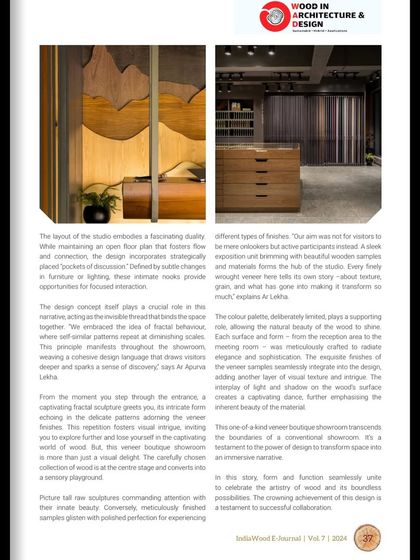 An excerpt from our feature in the India Wood e-journal, discussing the design concept of the veneer showroom and our focus on creating an immersive, narrative-driven space.