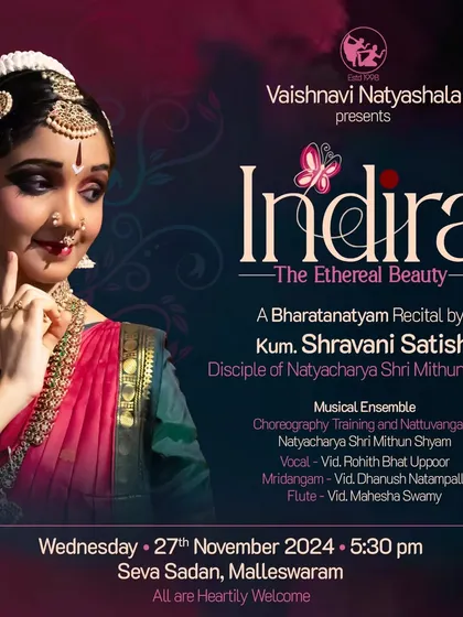 I am looking forward to being the vocalist for this beautiful Bharatanatyam recital, 'Indira'. It's an honor to be part of such a talented musical ensemble for a disciple's solo debut performance.