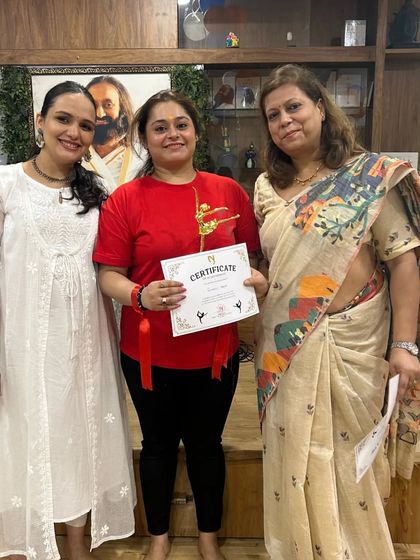 Celebrating our winning women's team, "Yogini," at a studio event. We love to recognize the hard work and dedication of our members.