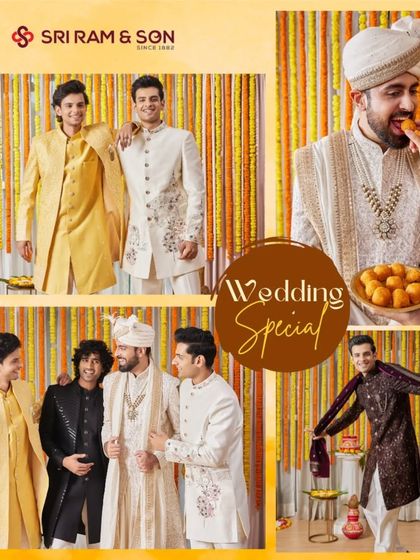Our Wedding Special. A collage of beautiful wedding moments, from the groom in his ivory sherwani to guests in colorful Indo-Western and kurta sets.