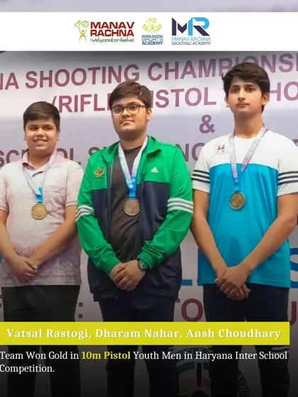 Our young shooters Vatsal, Dharam, and Ansh celebrate their Team Gold medal in the 10m Pistol Youth Men category at the Haryana Inter School Competition, showcasing our grassroots-level success.
