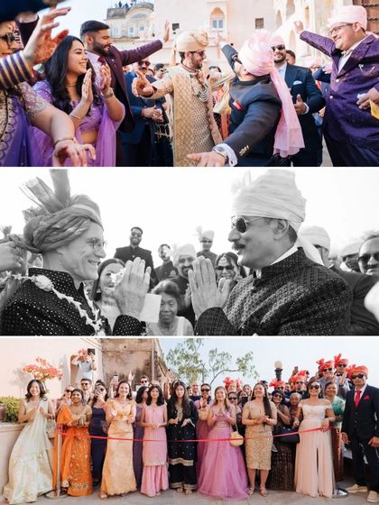 A collage of the lively baraat and the welcoming party, showing the joy and excitement of both families.