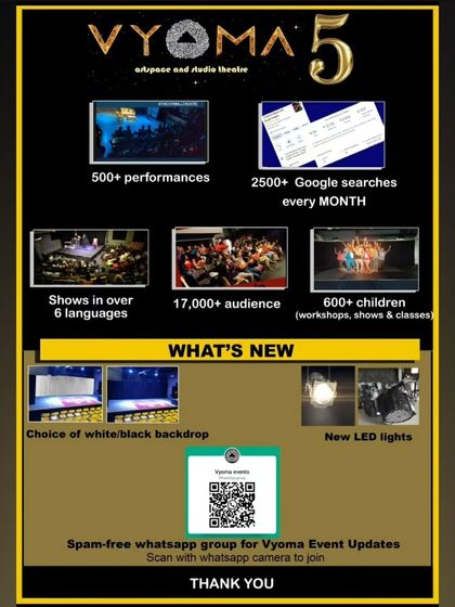 Vyoma turns 5! A milestone poster celebrating over 500 performances, 17,000+ audience members, and shows in over 6 languages. So much gratitude!