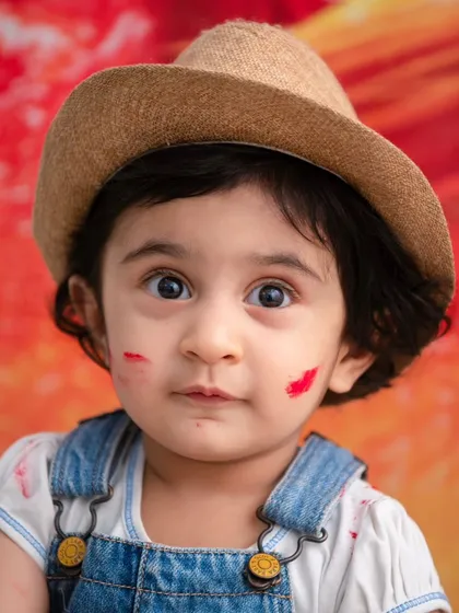 A close-up of our little artist. The paint smudges on her face are a perfect detail that tells the story of her creative fun.