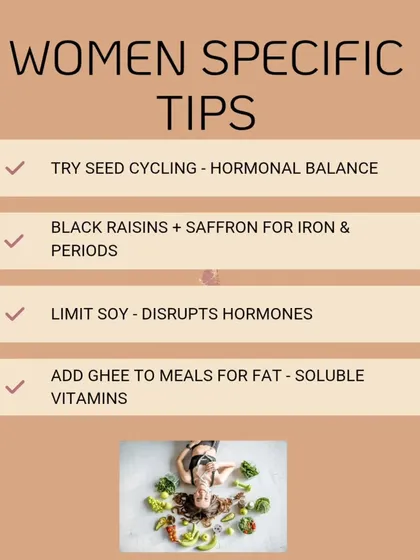 As a specialist in women's health, I provide targeted nutrition therapy for hormonal balance, PCOD, and overall well-being. My plans often include simple additions like seed cycling, ghee, and specific food combinations for period health.