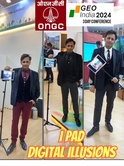 A collage of my iPad and digital illusion setups for ONGC at the GEO India conference. This act is designed to draw visitors to your booth and engage them with your brand in a way that stands out from the competition.