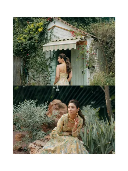 A diptych of bride Nikita from her Haldi, showing her in two different beautiful settings at the venue. This highlights her elegant floral gown and the lush, green surroundings.